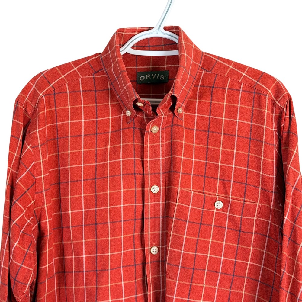 Orvis Button Down Shirt Mens M Red Orange Windowpane Plaid Cotton Long Sleeve